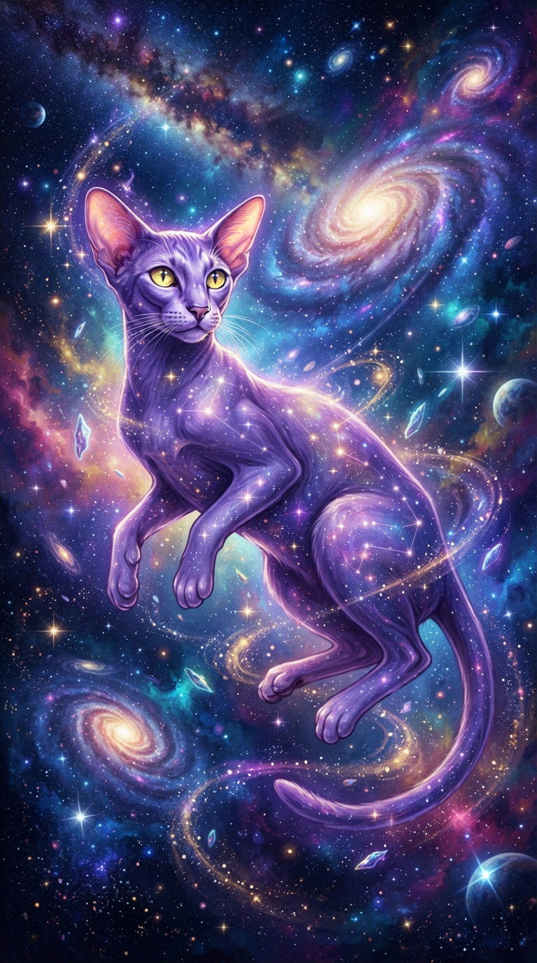 A purple cat with glowing eyes floating in a vibrant space scene filled with colorful galaxies and stars.
