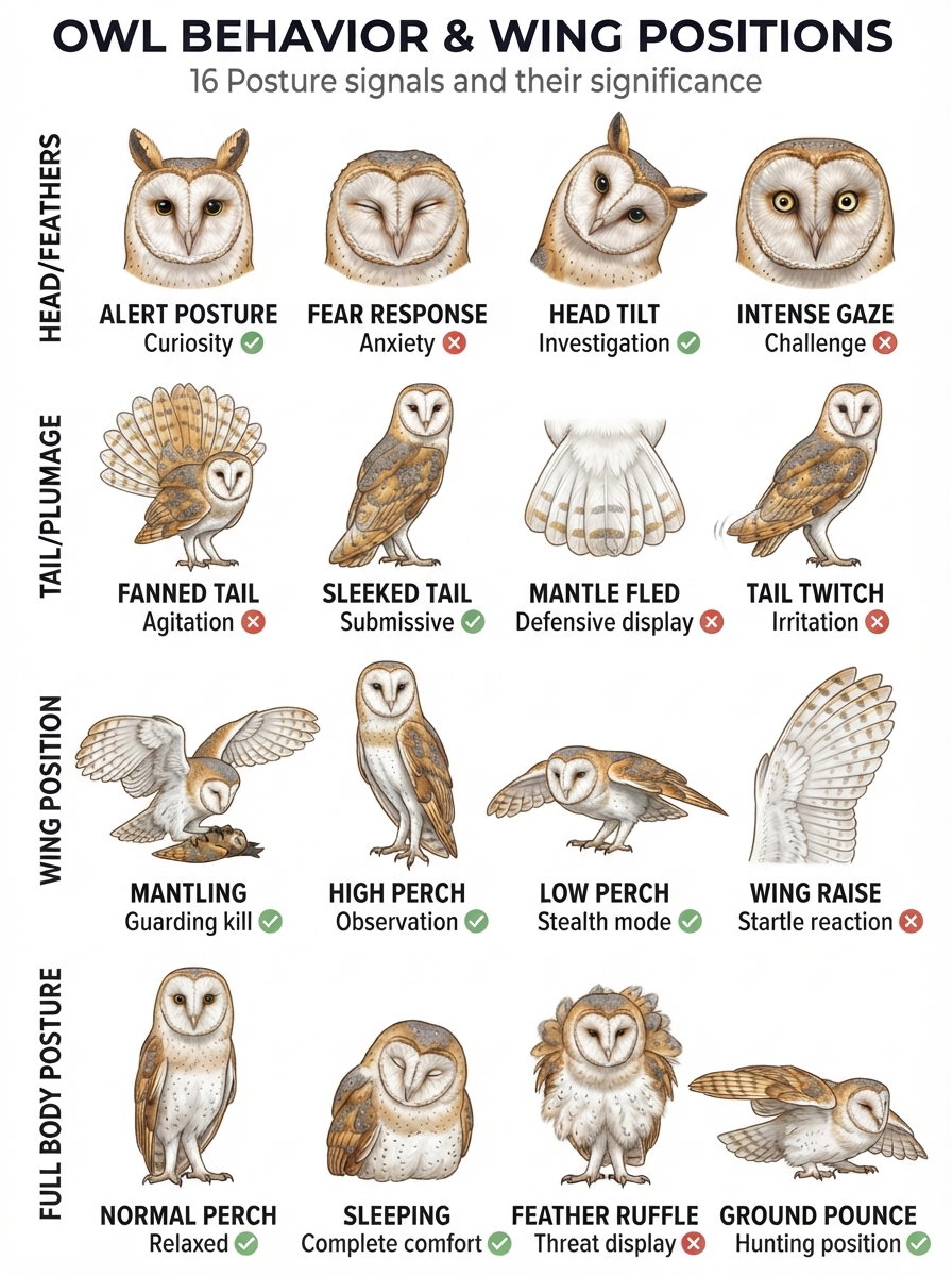 An infographic displaying different owl postures and their meanings, including head positions, tail movements, wing positions, and body states.