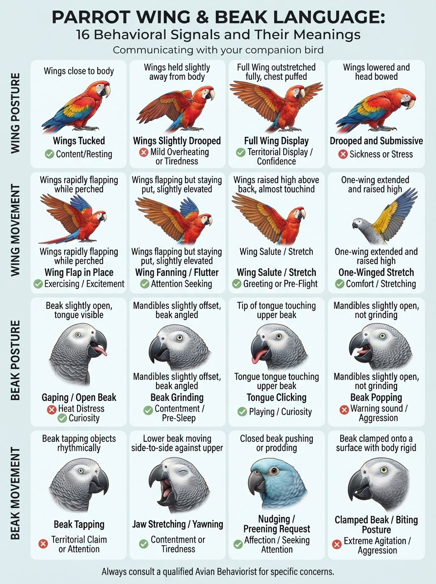 Infographic displaying different wing and beak positions of parrots with corresponding behavioral meanings.