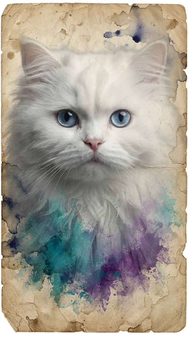 Artistic Illustration of a White Persian Cat with Blue Eyes