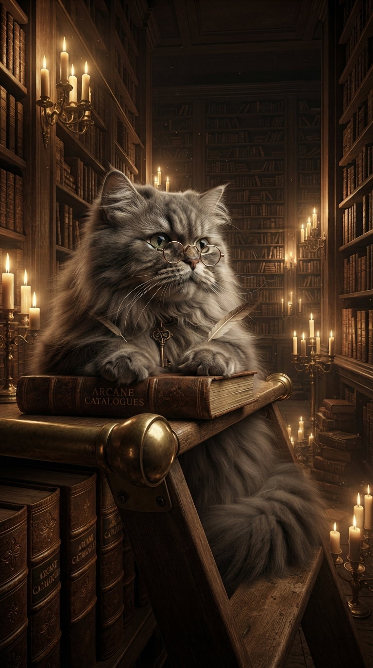 A fluffy Persian cat wearing glasses, sitting on a wooden ladder in a library surrounded by books and candles.