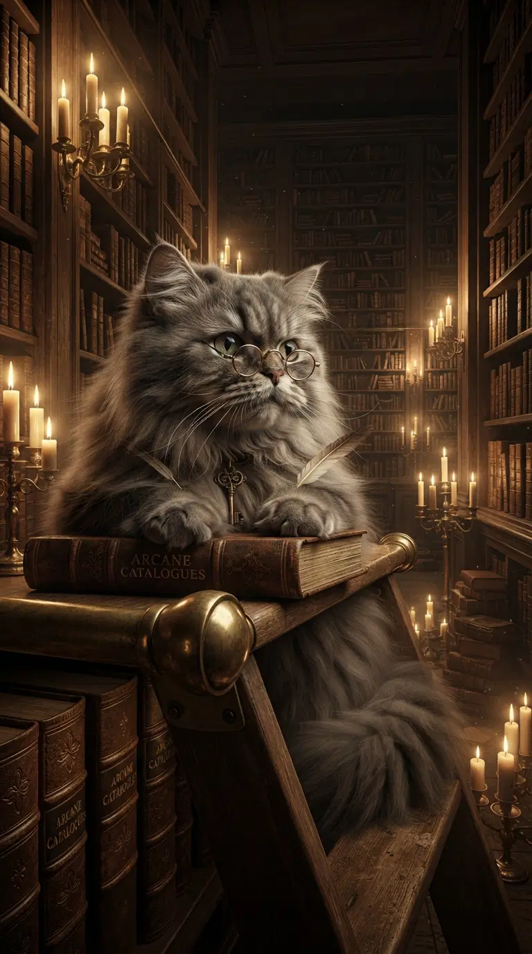Persian Cat in a Candlelit Library with Antique Books