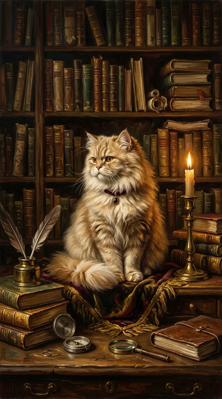 A Majestic Orange Cat Surrounded by Antique Books