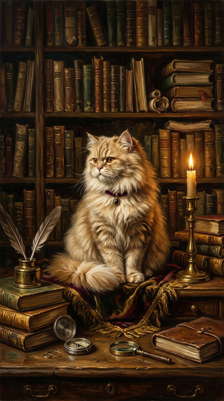 A fluffy orange cat sitting on a richly decorated table with books, a candle, and writing tools, set against a backdrop of wooden bookshelves filled with books.