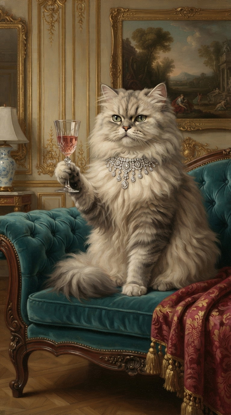 A fluffy Persian cat sitting on a luxurious couch, holding a glass of red liquid, with an ornate background.