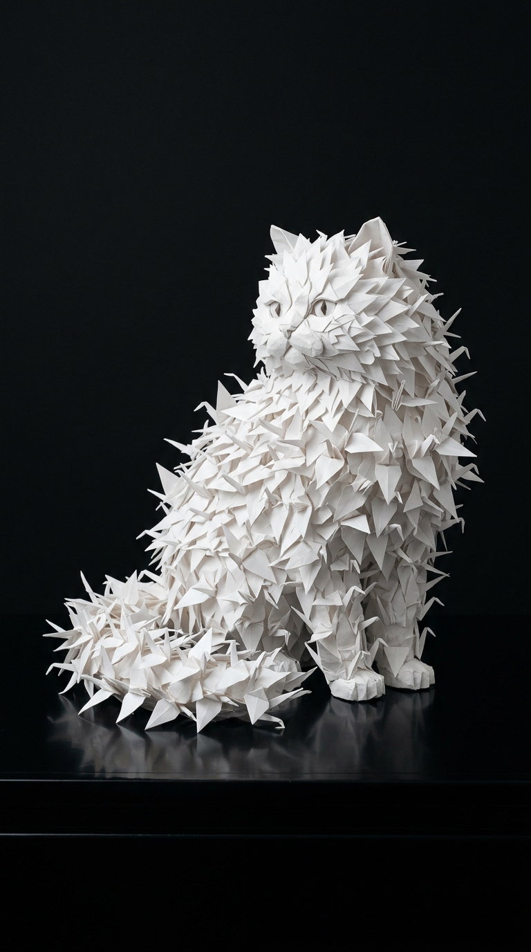 An origami cat sculpture made of white paper, featuring a unique texture from the folded paper, sitting gracefully on a black surface.