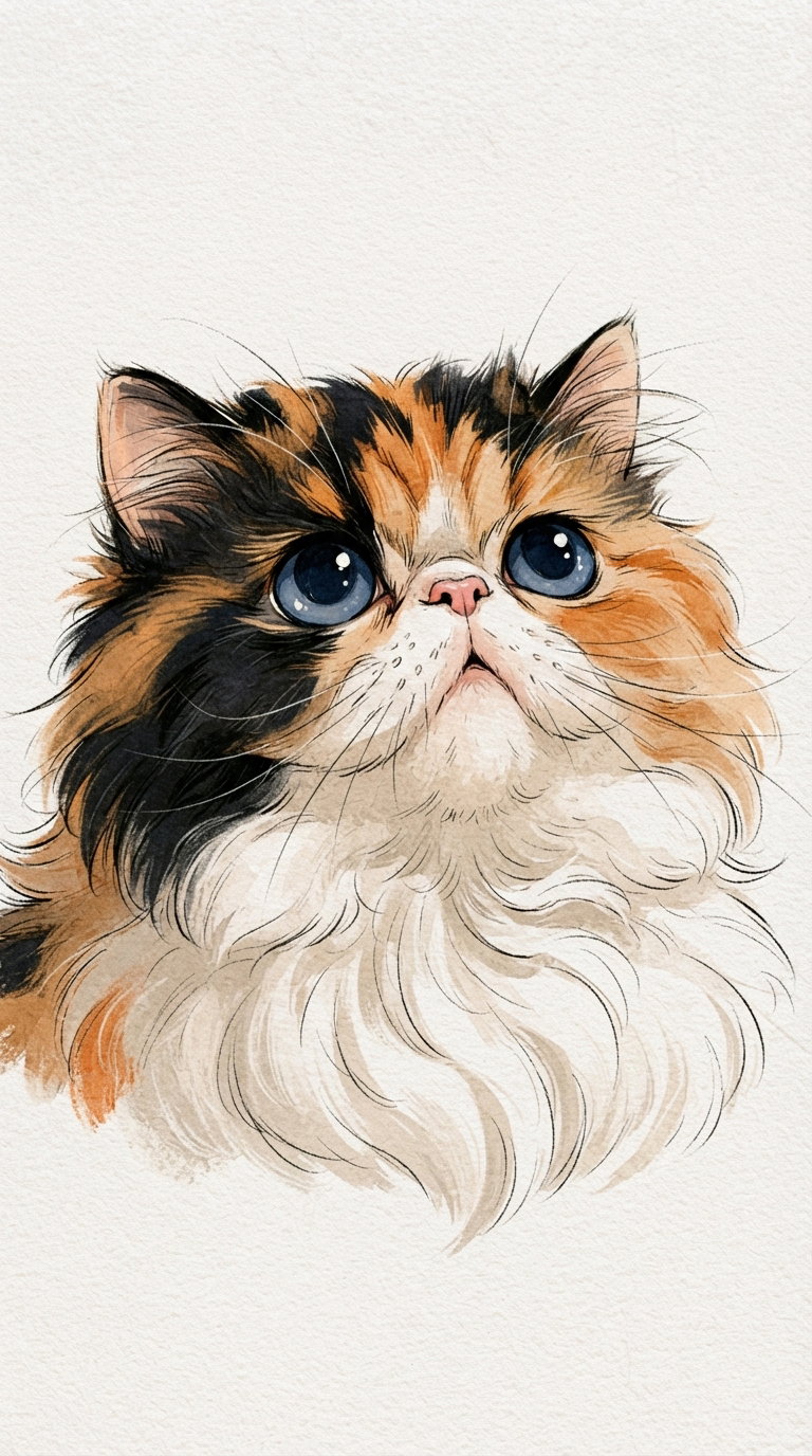 A close-up illustration of a fluffy Persian cat featuring large blue eyes and a colorful coat of orange, black, and white fur.