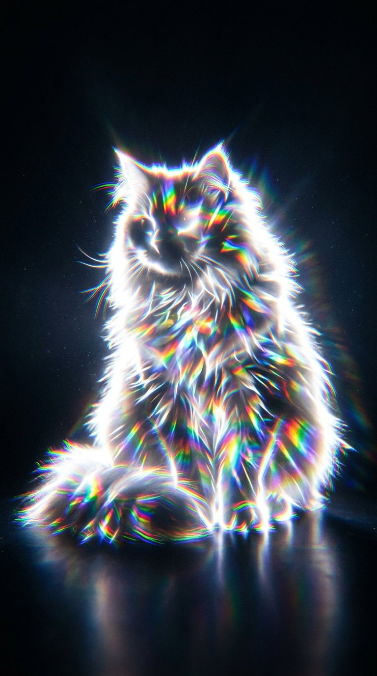 A fluffy cat glowing with rainbow light effects against a dark background.