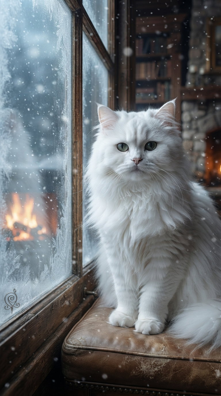 A fluffy white cat sitting near a window with snow falling outside, with a cozy fireplace in the background.
