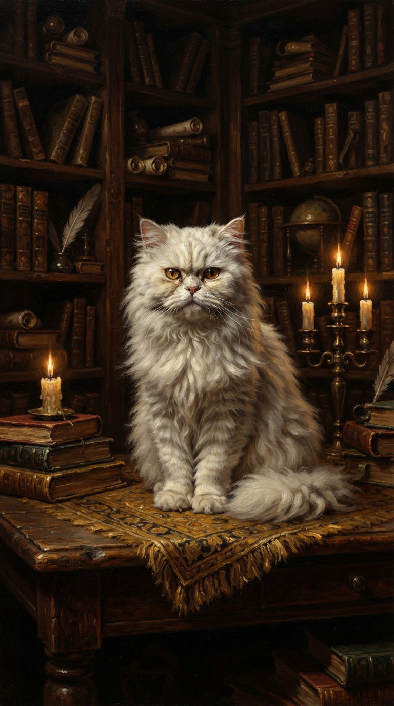 A fluffy Persian cat sitting on a table in a library filled with antique books, candles, and a warm ambiance.