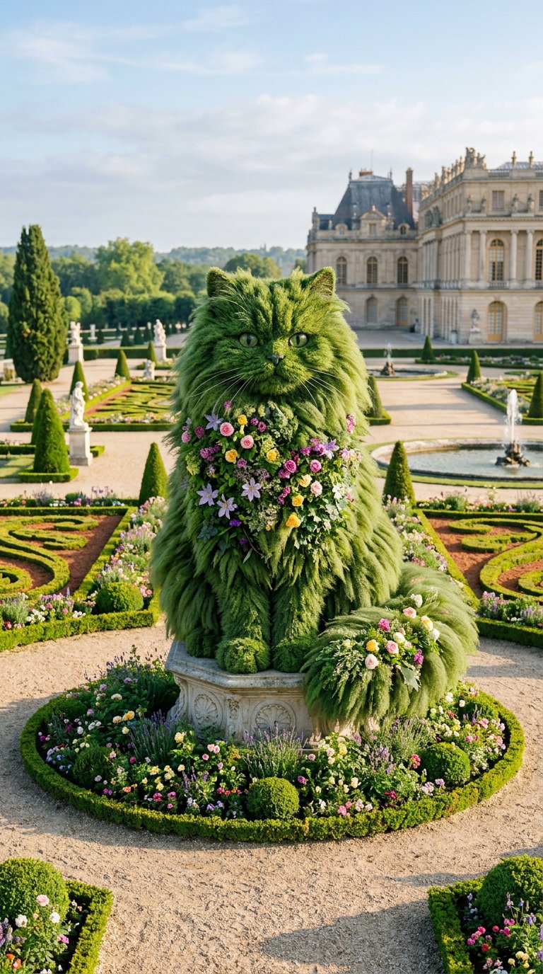 A large topiary cat made of green foliage, adorned with flowers, in a beautifully landscaped garden with fountains and manicured hedges.