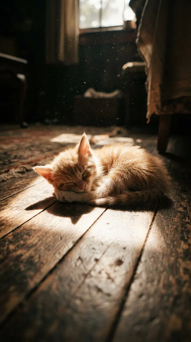 Adorable fluffy orange kitten sleeping peacefully in sunlit room