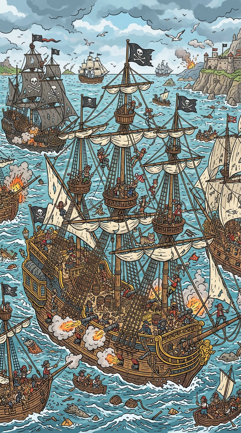 A detailed illustration of a chaotic pirate ship battle on the sea, featuring multiple ships, cannons firing, and pirates. Cats are depicted in various roles, adding a whimsical touch to the scene.