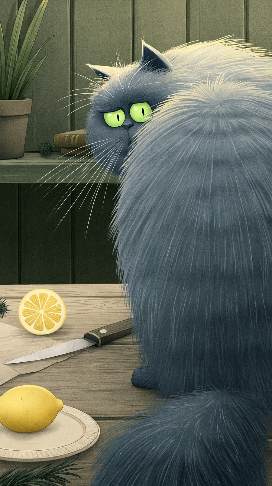 A fluffy gray cat with bright green eyes, looking over its shoulder. The setting includes a wooden table with a lemon and knife, and a potted plant in the background.