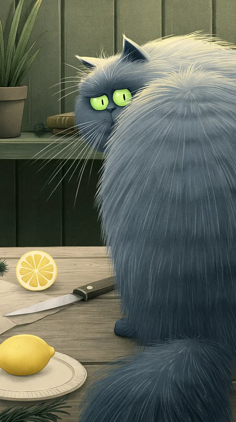 Fluffy Gray Cat with Green Eyes Near a Lemon and Knife