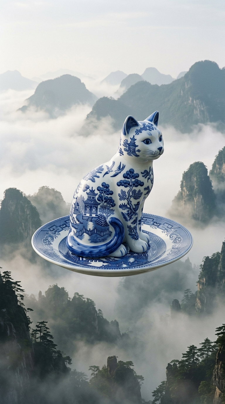 A ceramic cat figurine styled in blue and white porcelain, featuring intricate designs, positioned on a matching plate, floating above a landscape of fog-covered mountains and trees.