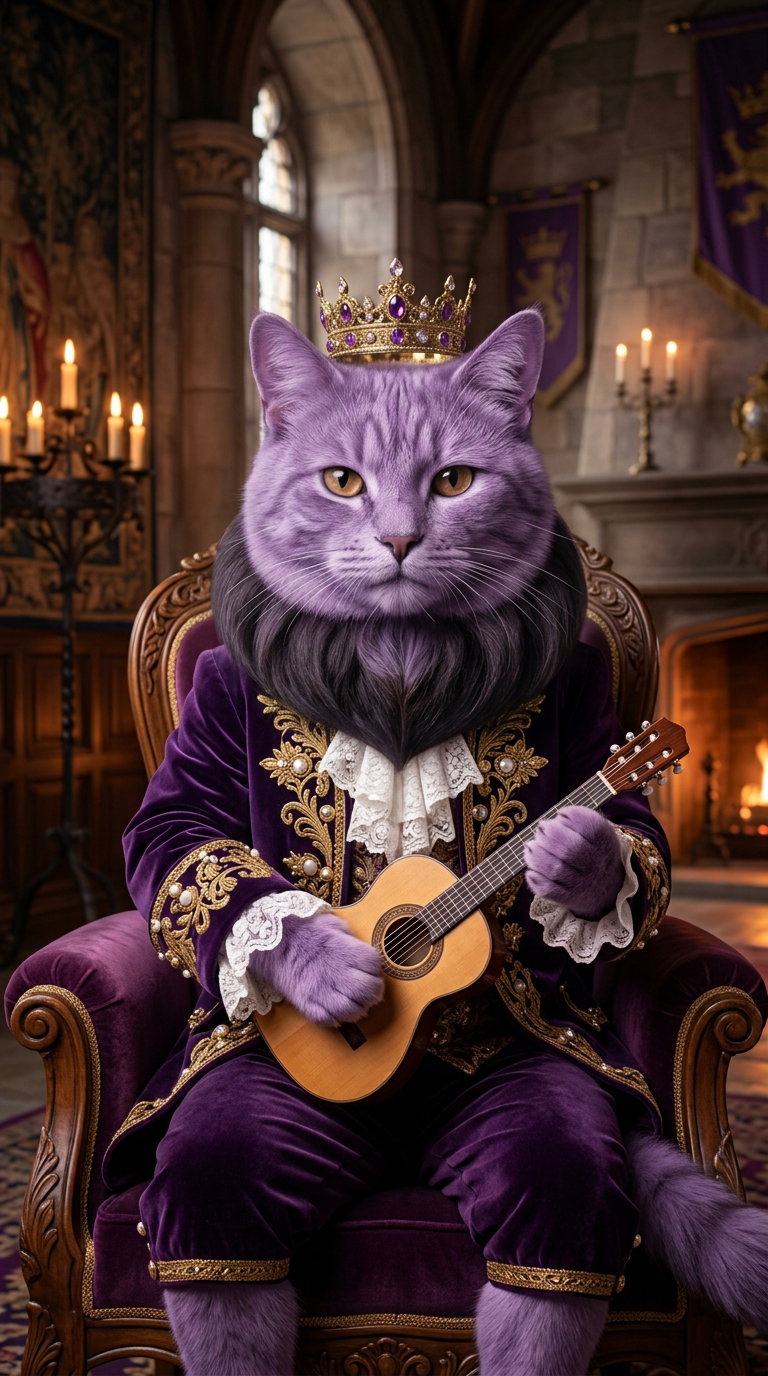 A purple cat adorned with a crown, wearing royal attire, sitting on a throne and playing a small guitar in a castle-like room.