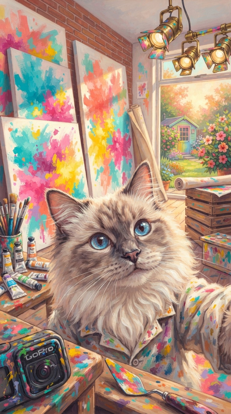 A fluffy cat with blue eyes taking a selfie in a painting studio filled with colorful canvases and art supplies, with sunlight illuminating the scene from a window.