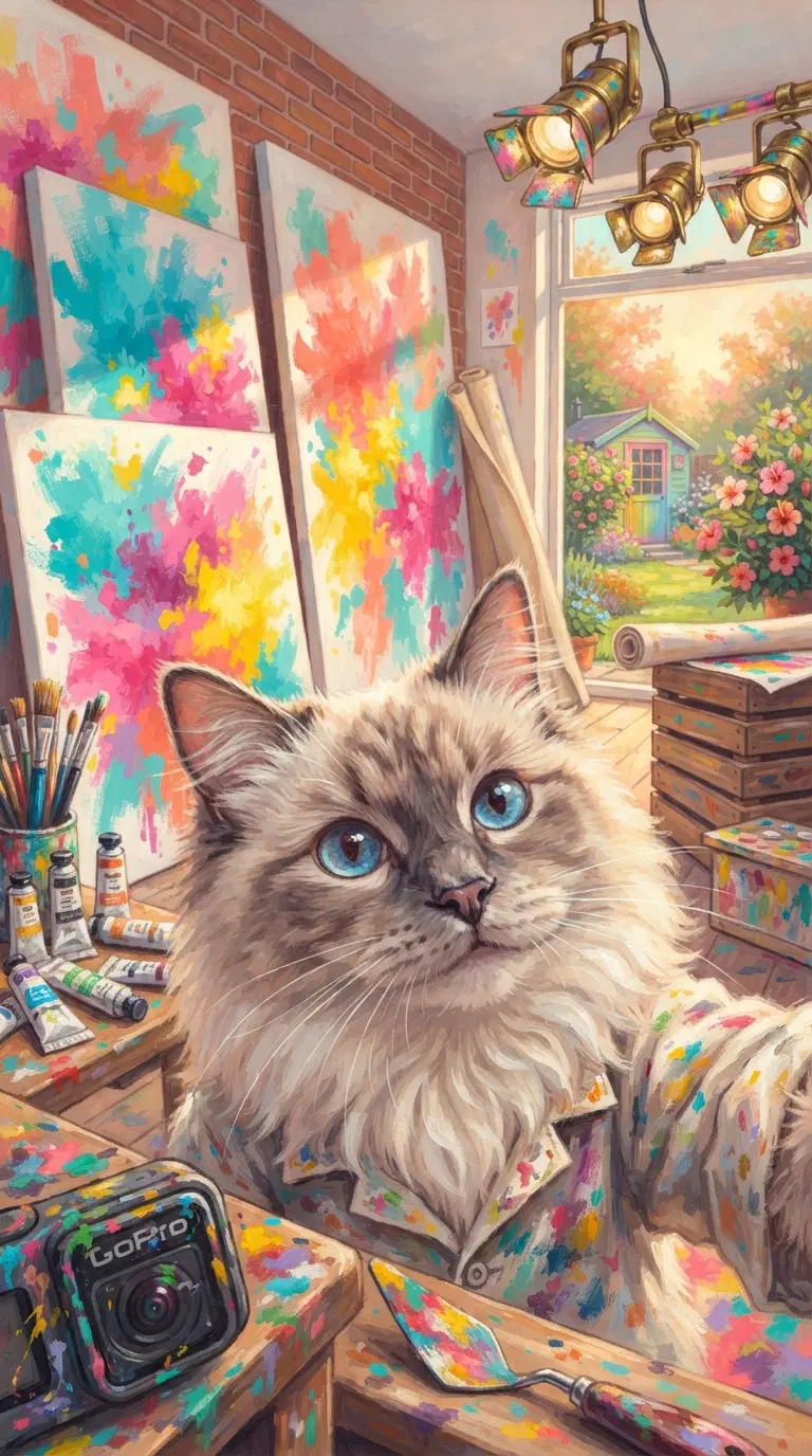 Artistic Cat Taking a Selfie in a Colorful Studio