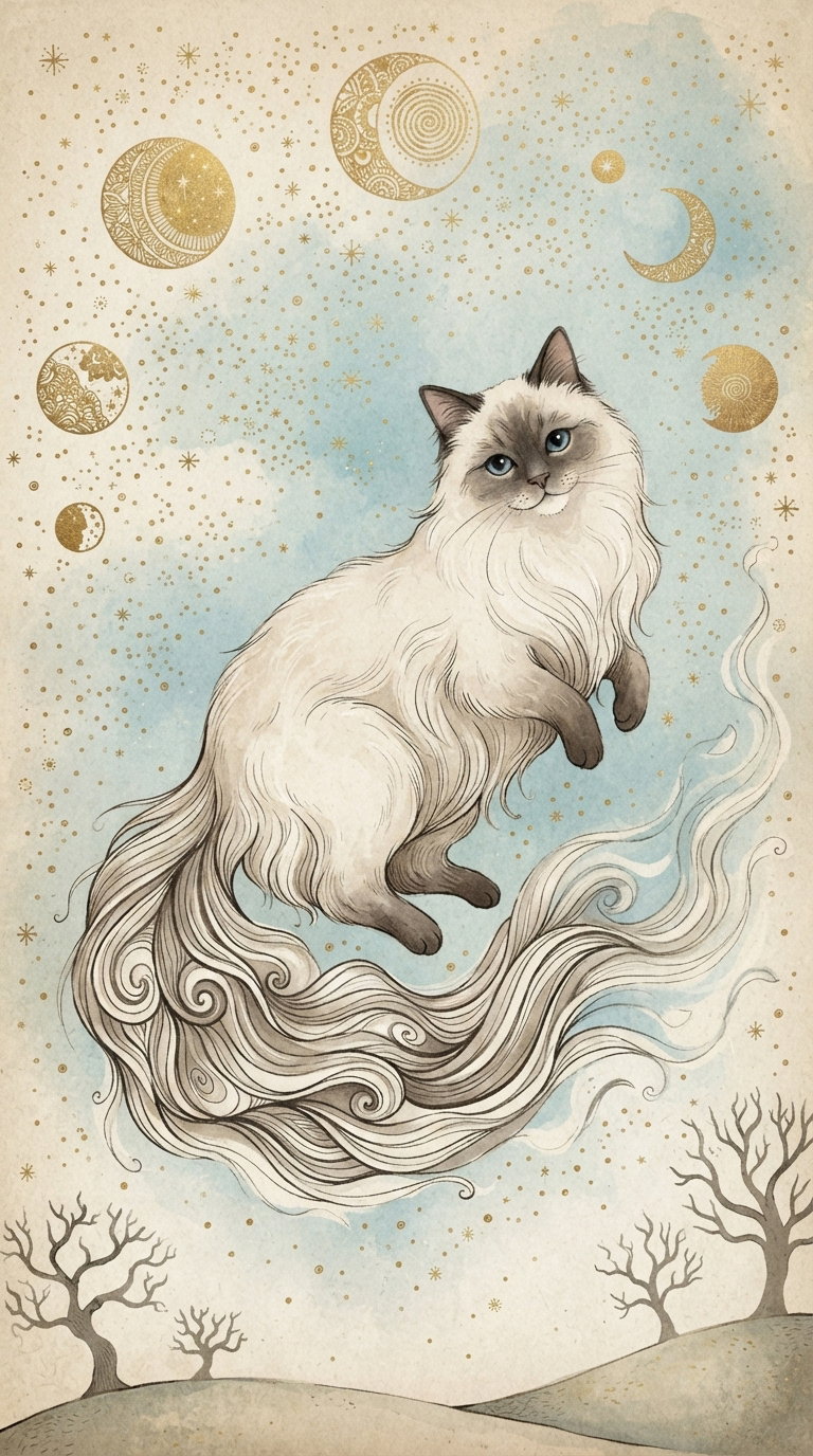 A fluffy white cat with blue eyes floats against a light blue background filled with golden stars and celestial patterns, with wispy lines suggesting movement.