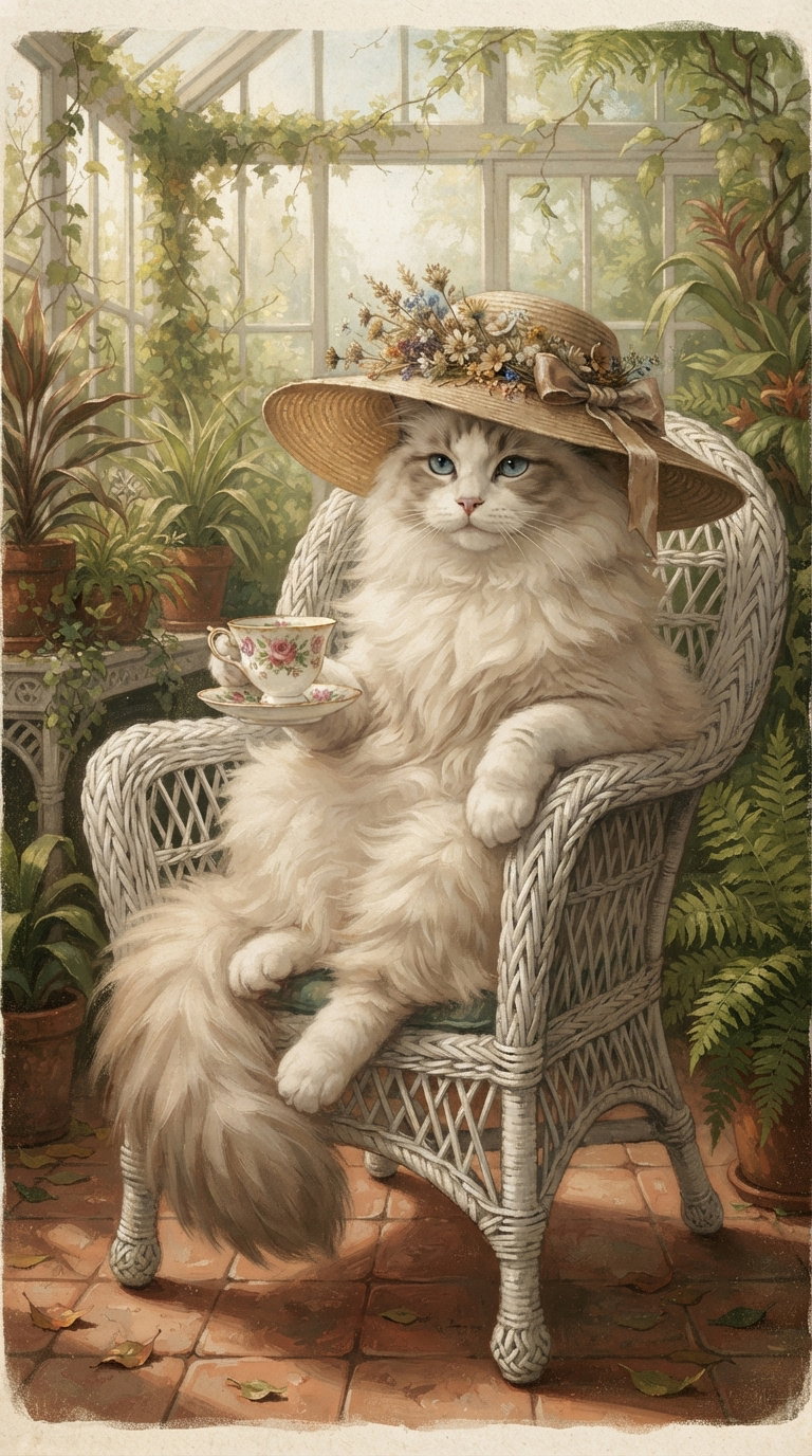 A fluffy white cat wearing a straw hat sits on a wicker chair, holding a cup of tea in a lush, green greenhouse filled with plants.