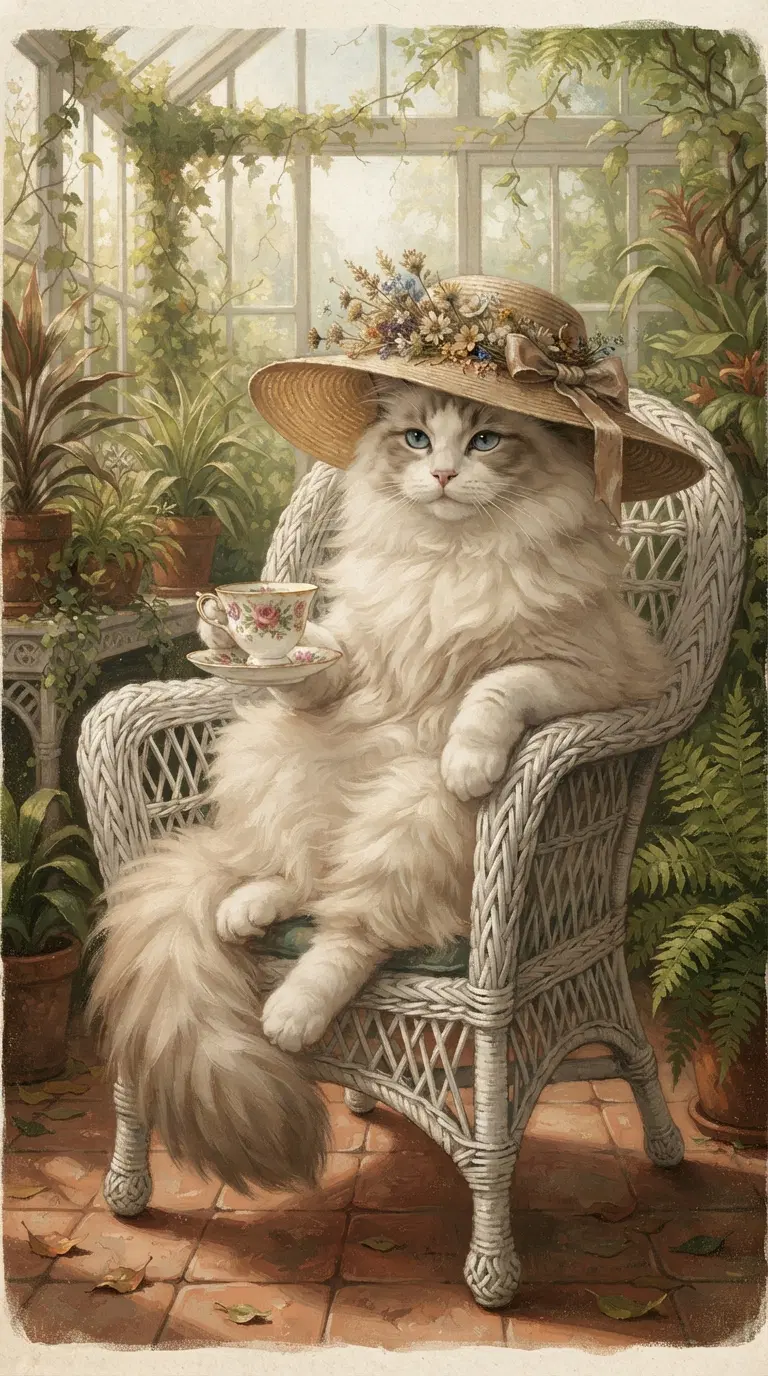Elegant Fluffy Cat in a Hat Sitting with a Tea Cup