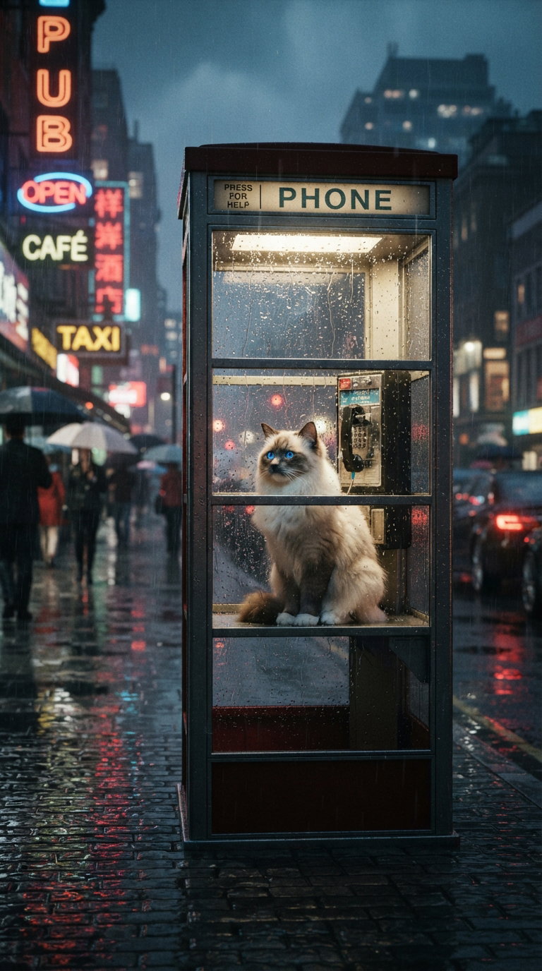 A fluffy cat sitting inside a vintage phone booth, rain on the glass, city lights in the background, reflecting wet pavement.