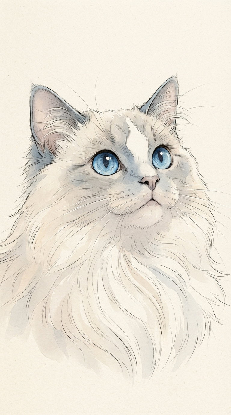 A detailed illustration of a fluffy Ragdoll cat with piercing blue eyes, showcasing its soft fur and expressive face.