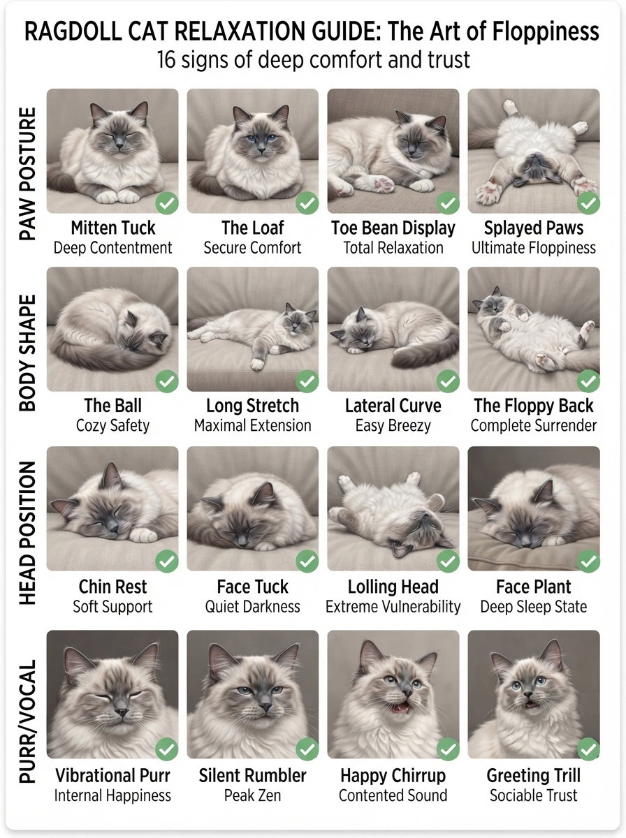 A guide showing different relaxed postures of Ragdoll cats indicating comfort