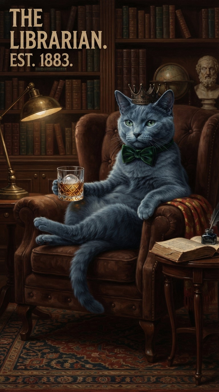 A blue cat wearing a crown and a bow tie sitting in an armchair, holding a glass of drink. The background features bookshelves and a dim lamp.