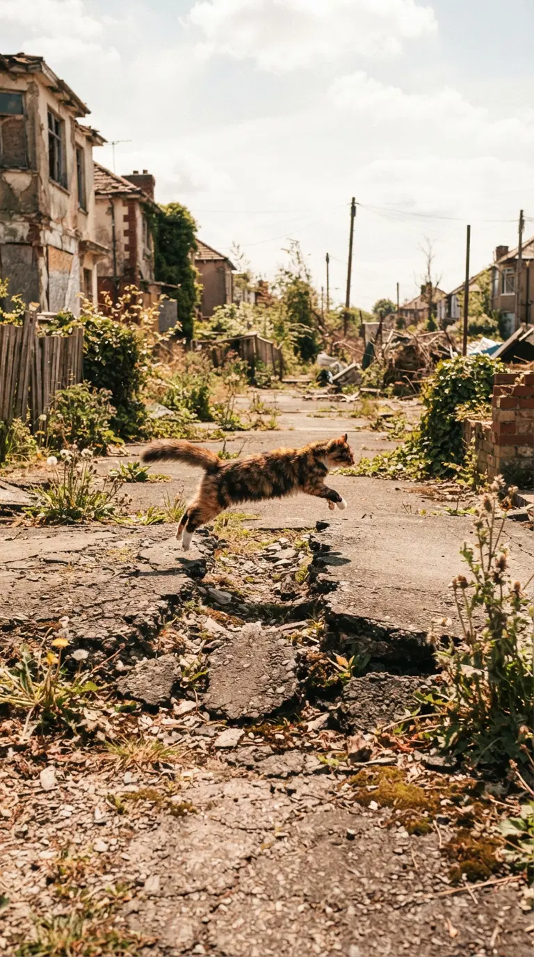 A Cat Exploring a Dilapidated Street Scene