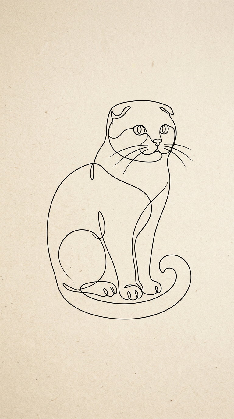 A minimalist line drawing of a cat, sitting gracefully, outlined in black on a textured beige background.