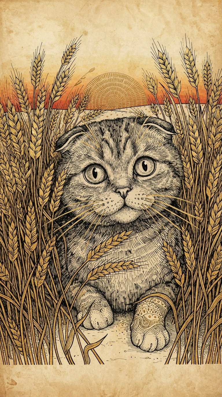 A detailed illustration of a cat hidden in wheat, with a sunset in the background.