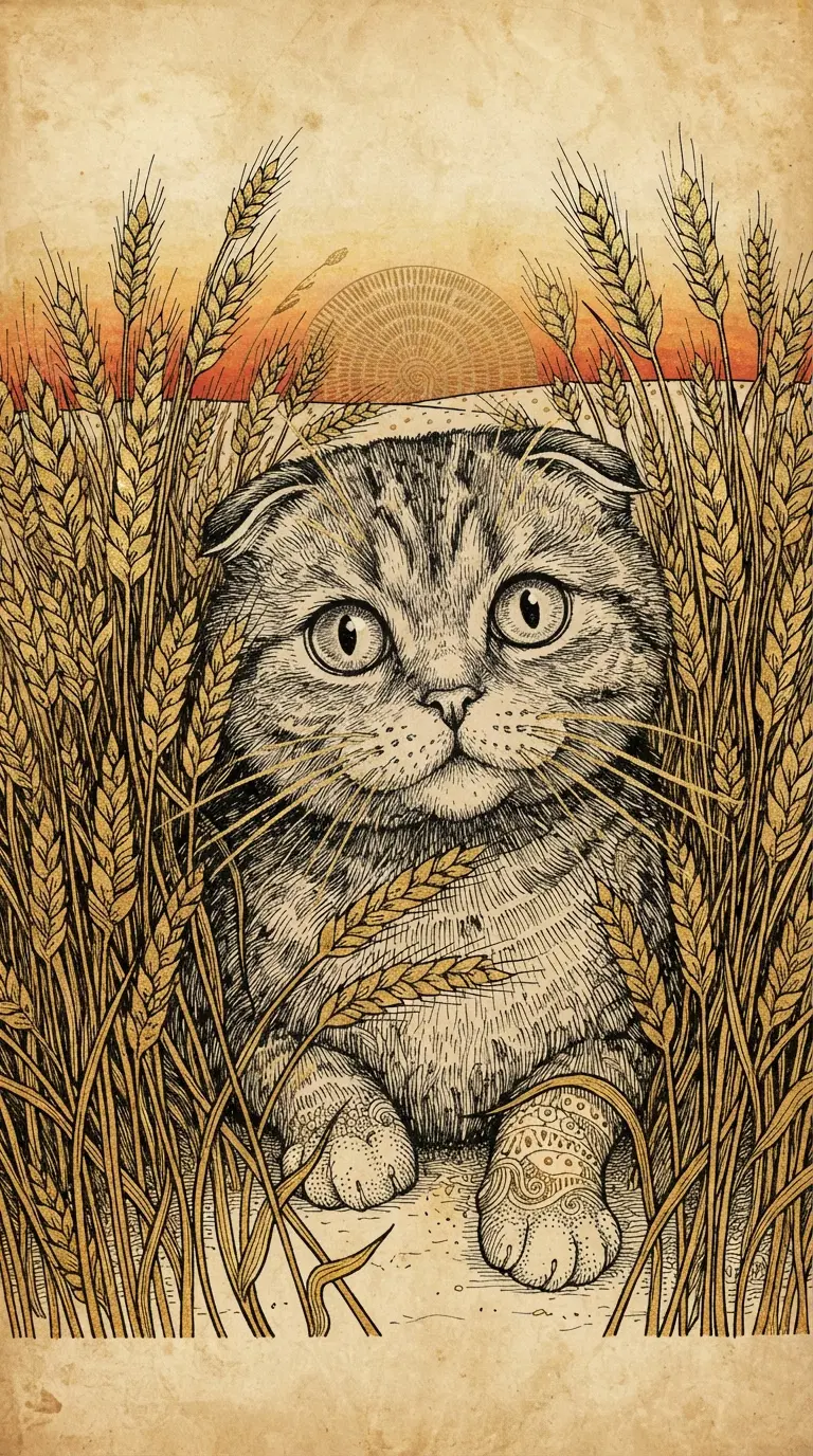 Illustration of a Cat Surrounded by Wheat and a Sunset