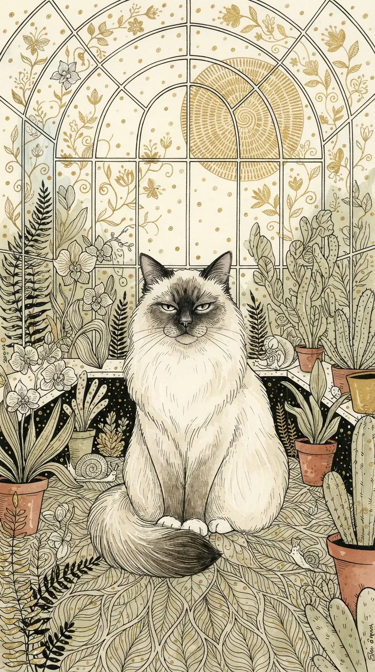 Serene indoor scene with a fluffy kitten and greenery