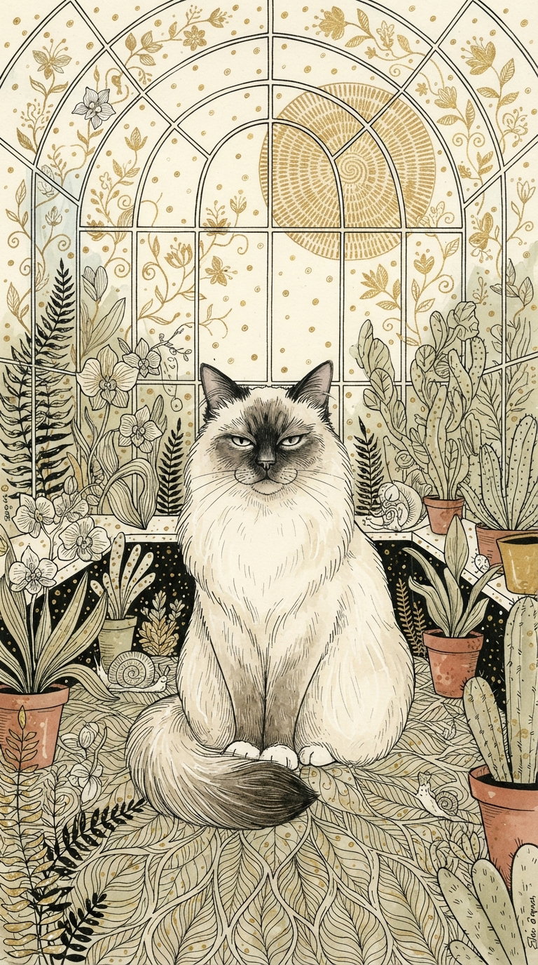 A fluffy kitten sits among various potted plants and flowers inside a greenhouse, with intricate patterns and sunlight filtering through the glass structure.