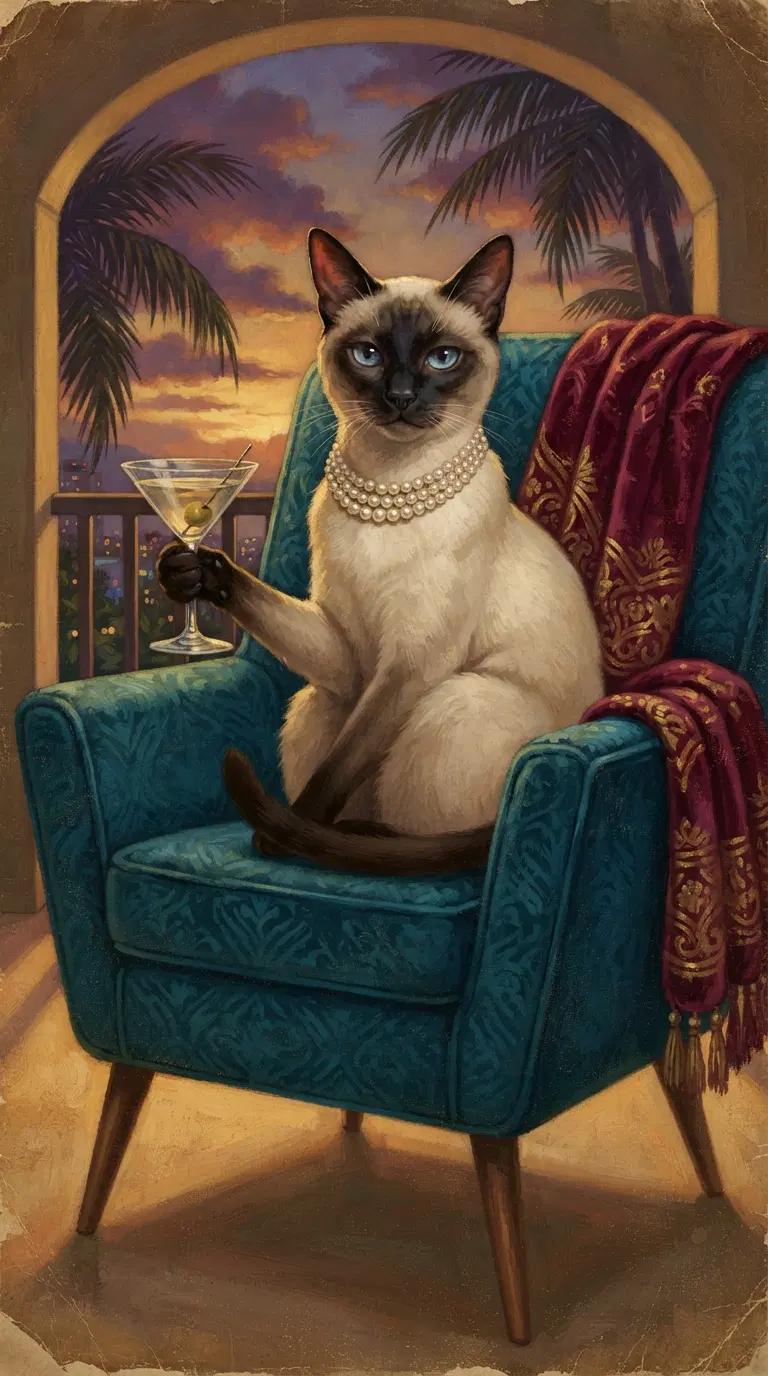 Sophisticated Cat in Elegant Setting with Cocktail