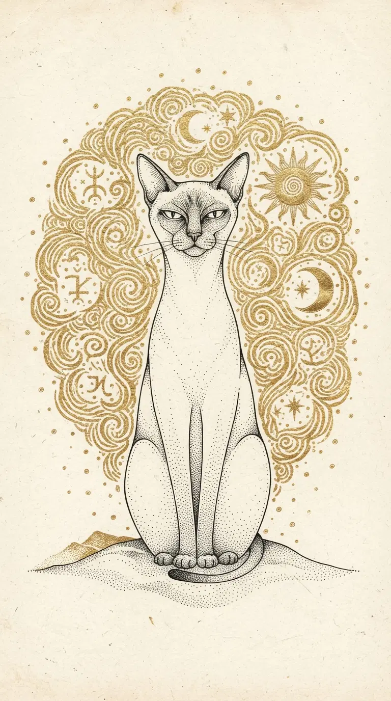 Elegant Illustration of a Cat Surrounded by Celestial Symbols