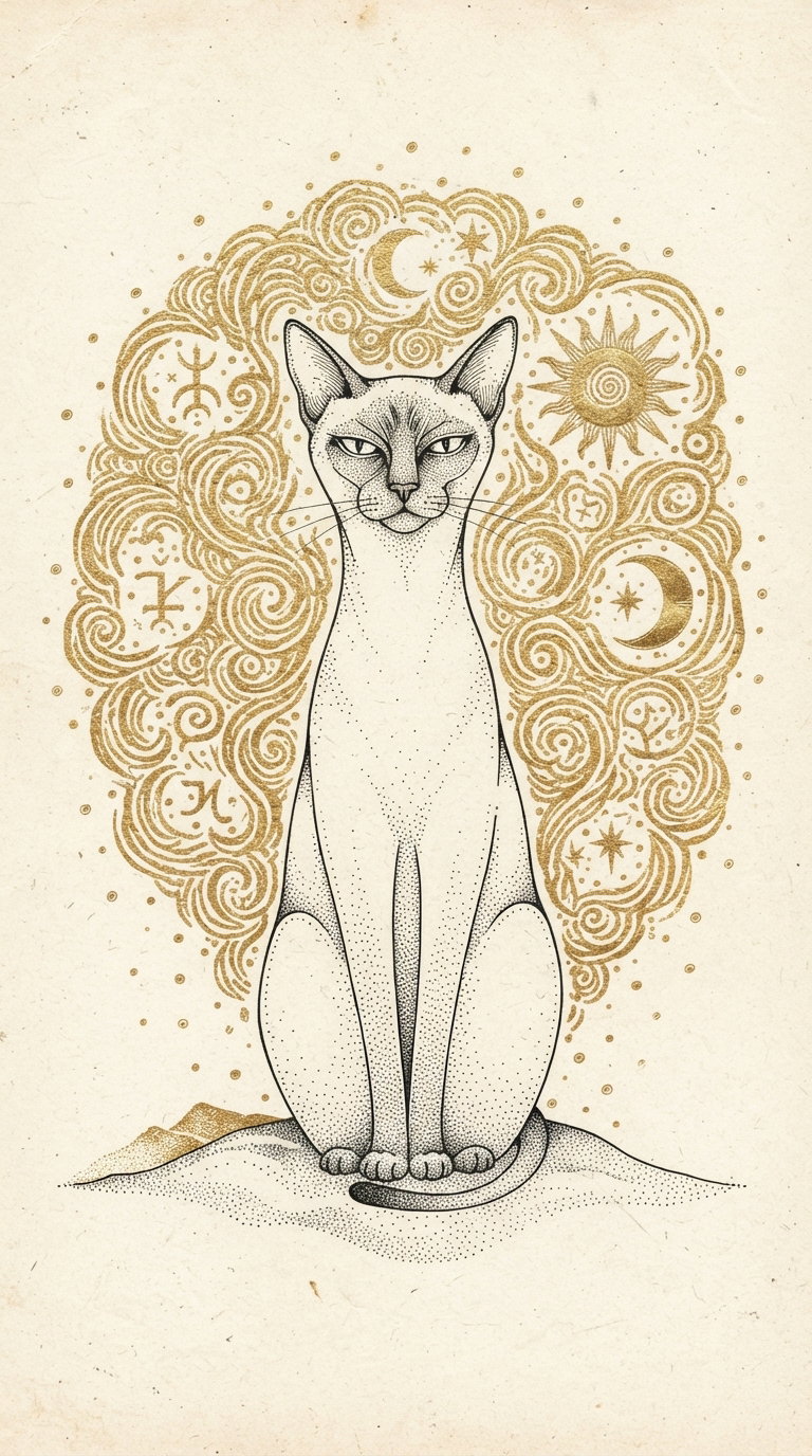 An illustrated cat with detailed features, sitting in a regal pose, surrounded by celestial designs including stars and moons in gold.