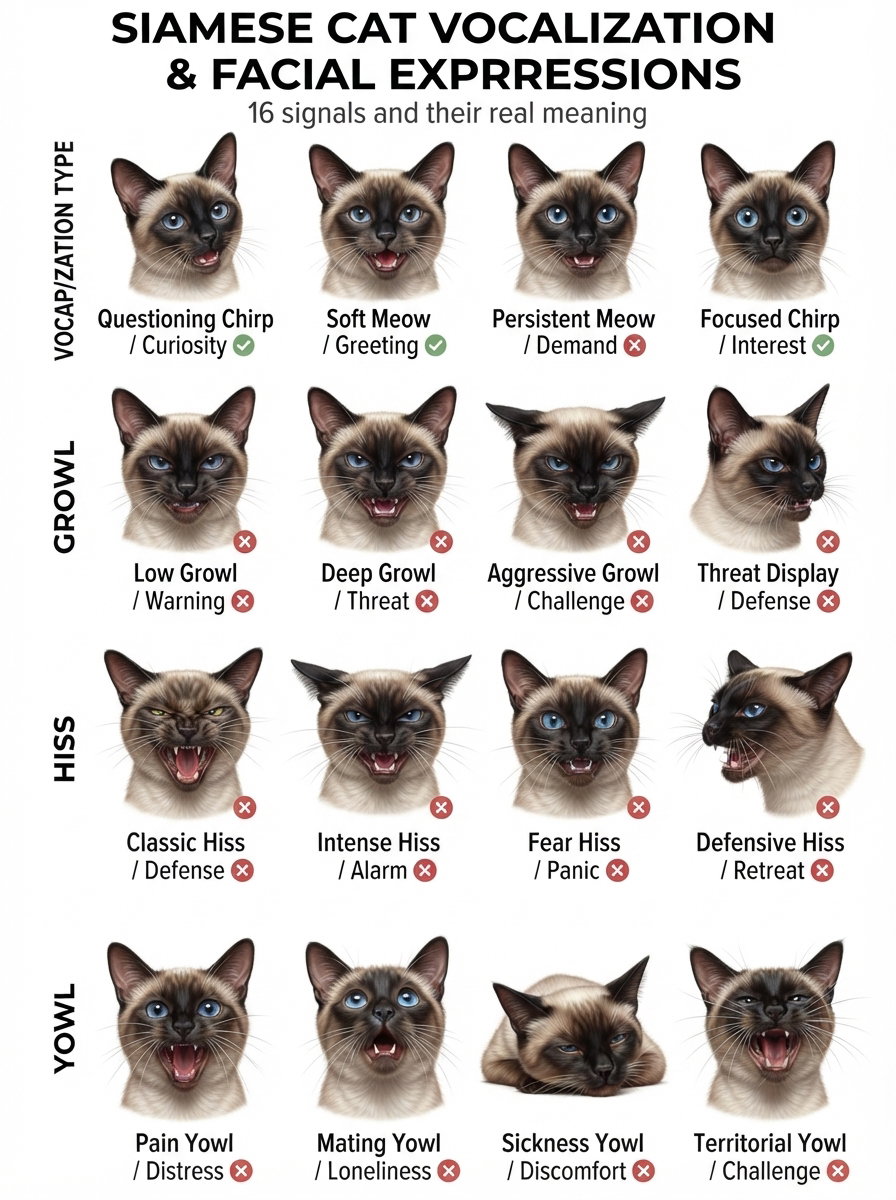 A chart detailing Siamese cat vocalizations and facial expressions showing different signals like curiosity, demand, warning, and challenge.