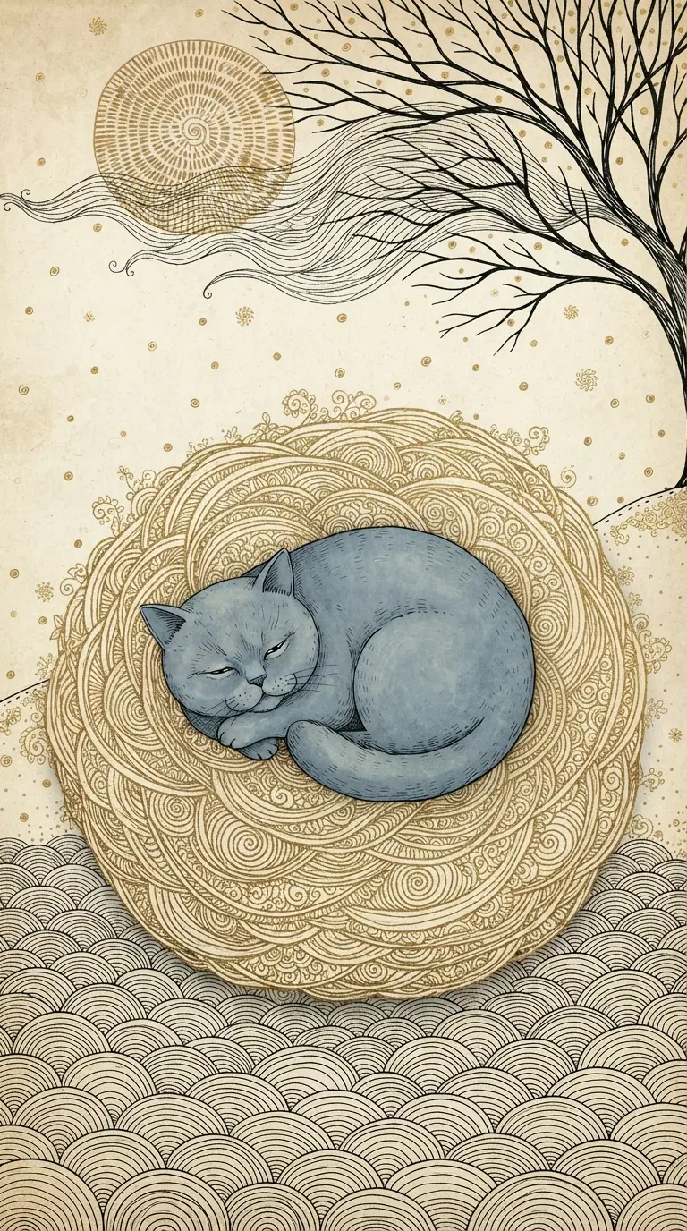 Surreal illustration of a sleeping cat in artistic patterns