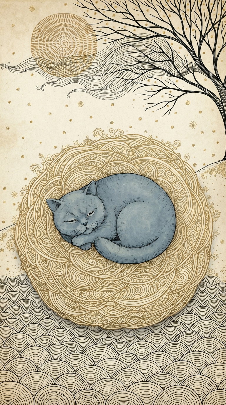 A serene blue cat curled up in a decorative golden nest, surrounded by intricate patterns and a stylized background.