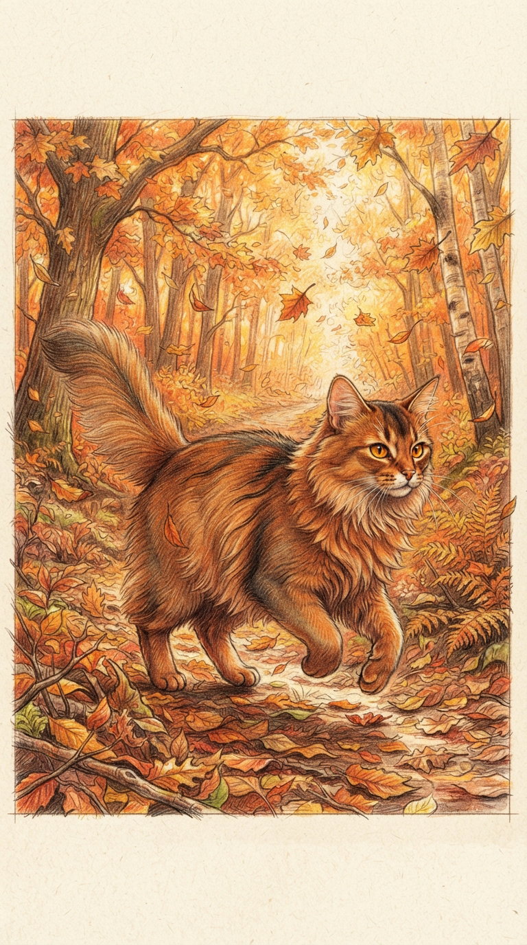 A fluffy red cat playfully walking through an autumn forest with falling leaves and ferns.