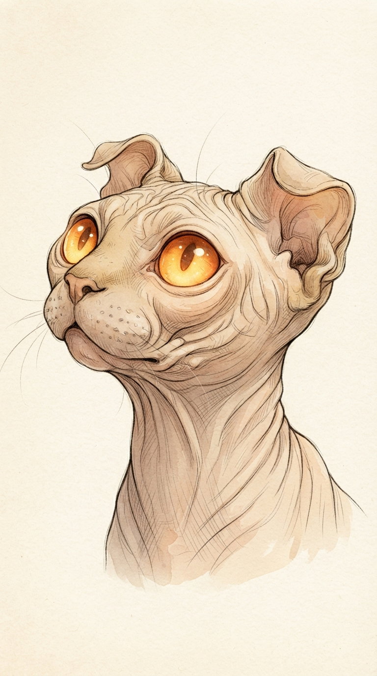 An illustration of a Sphinx cat with large, expressive orange eyes and detailed fur texture, facing slightly to the side.