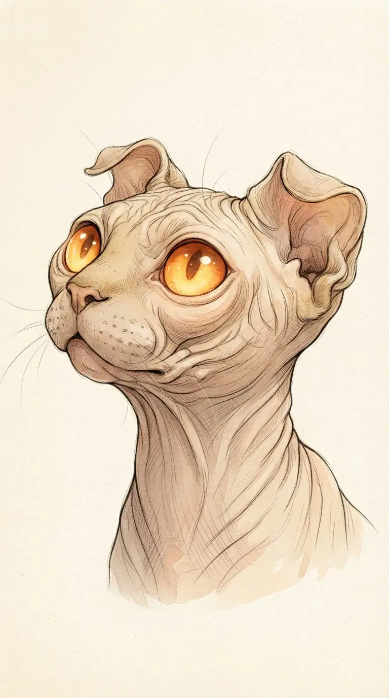 Artistic Illustration of a Sphinx Cat with Striking Features