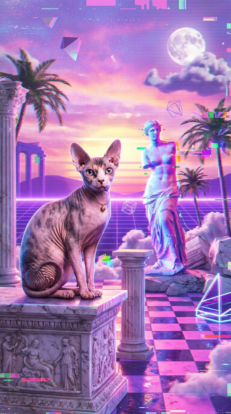 A digital artwork featuring a cat sitting on a classical pedestal with a vibrant sunset, palm trees, and a statue in the background, incorporating glitch elements.
