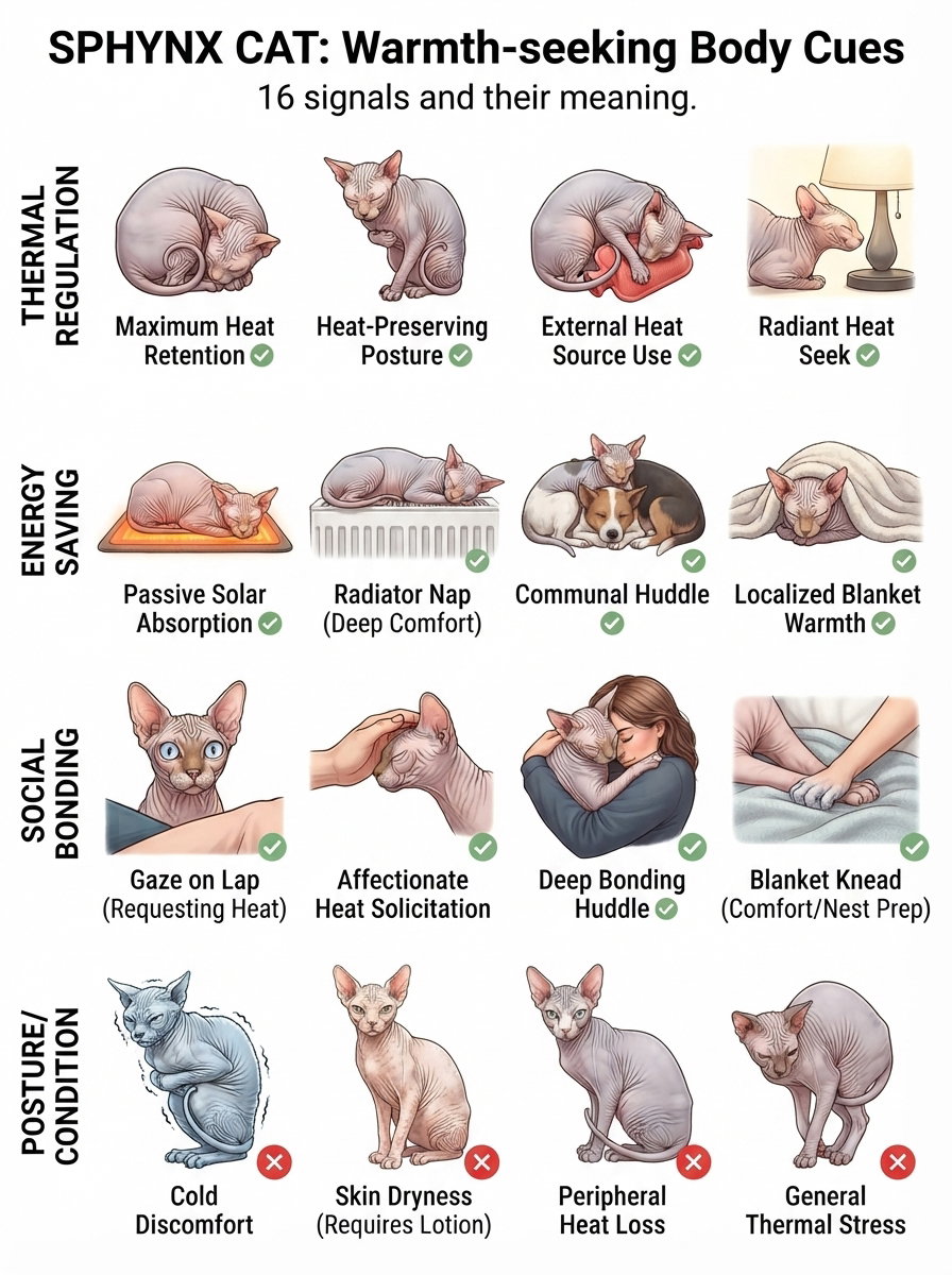 An infographic displaying Sphynx cats demonstrating various warmth-seeking body cues, including thermal regulation, energy saving, social bonding, and posture.