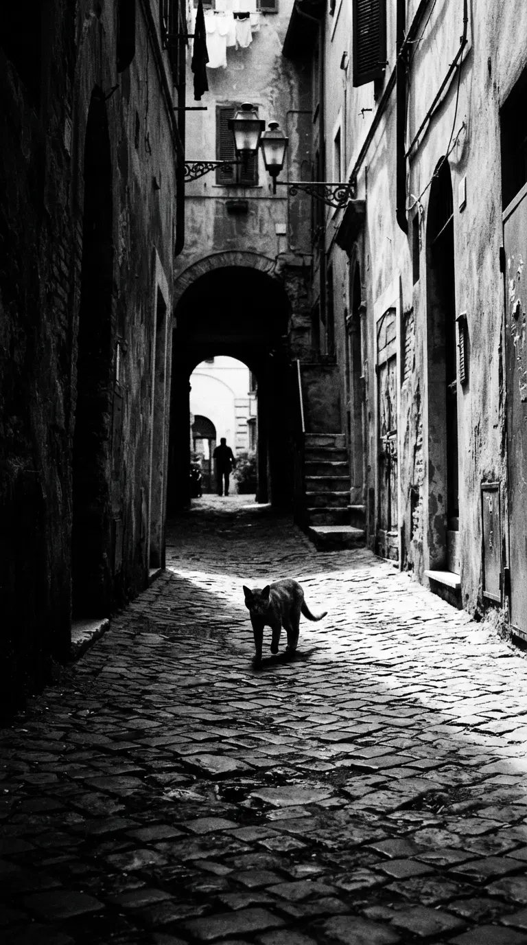 A Stray Black Cat Walking Through Historic Cobblestone Streets
