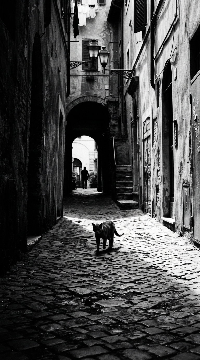 A black cat walking down a cobblestone street in an old town, with archways and vintage lamps.
