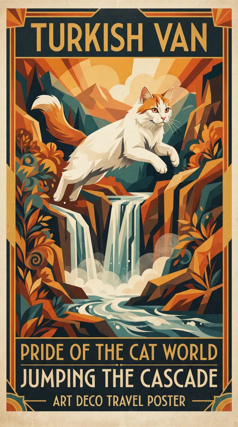 Art Deco Travel Poster of a Turkish Van Cat Jumping Waterfalls
